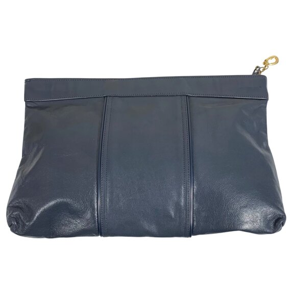 VTG 80s Blue Leather Clutch Handbag Gold Tone Hardware Top Zip Piping - Picture 1 of 9